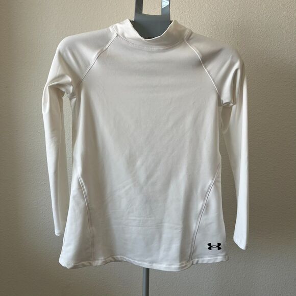Under Armour Coldgear Top Girls XL White Stretch Logo Mock Neck Raglan Sleeve - Picture 1 of 6